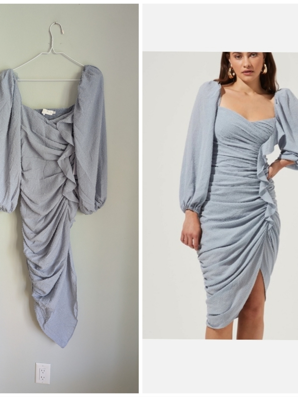 NEW ASTR The Label Size XS Light Blue Athens Ruched Puff Sleeve Midi Dress